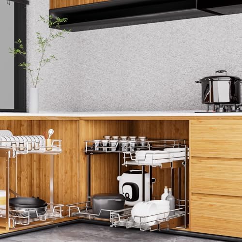 EZKAZA Pull Out Cabinet Organizer 11.5" W x 21" D, 2-Tier Kitchen Cabinet Pullout Shelf and Drawer Organizer Slide Out Pantry Storage Basket, 10.2" W x 21" D x 2.4" H for Bottom Basket Size - Image 7