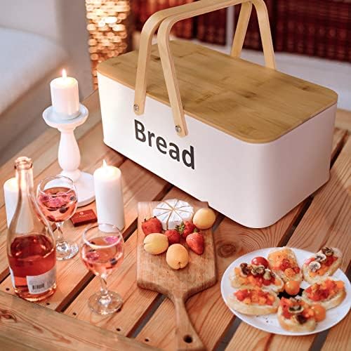 SOTECH Large Bread Box Metal Bread Bin with Bamboo Lid and Handle Food Storage Container Modern Box for kitchen Counter Organizer Kitchen Decor Outdoor Portable Bread Box (white) - Image 2