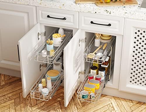 LOVMOR Individual Pull Out Cabinet Organizer, 2 Tier Slide Out Cabinet Drawers, Pots and Pans Organizer and Storage Pantry Shelf for Kitchen (14½" W x 21½" D) - Image 6