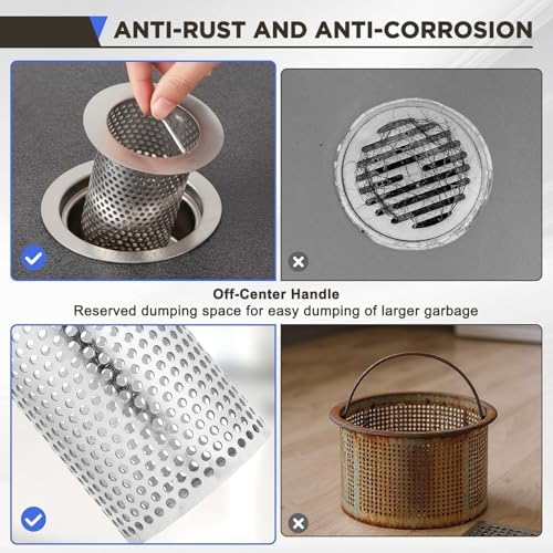 2 Pcs Commercial Floor Drain Strainer Perforated Cylindrical Mesh 316 Stainless Steel Drain Basket with Carry Handle –Heavy-Duty, for Restaurants, Kitchens, Factory (3" Diameter X 4" Tall) - Image 5