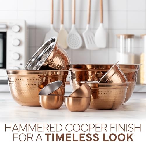 COOK WITH COLOR 18 Piece Mixing Bowls Set with Airtight Lids, Handcrafted Stainless Steel Bowls, Food Storage Containers, Meal Prep, Nesting Salad Bowls For Cooking, Baking, Kitchen, Copper - Hammered - Image 3