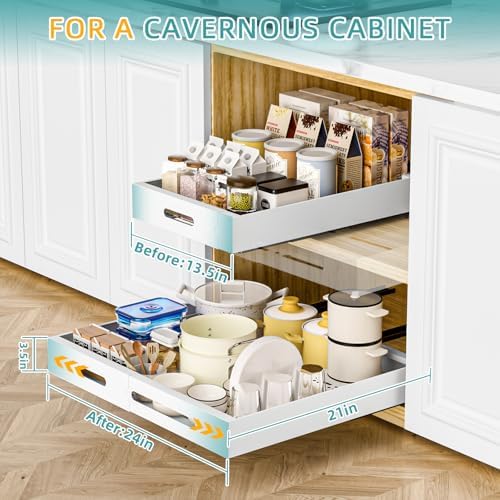 HBL' 2 Pack | 21" Deep Pull Out Cabinet Organizer Adhesive, (13.8" to 22.0") Width Expandable Sturdy Carbon Steel Roll-Out Drawers, Designed for Frameless Cabinets, Slide-Out Shelves for Pantry. - Image 2