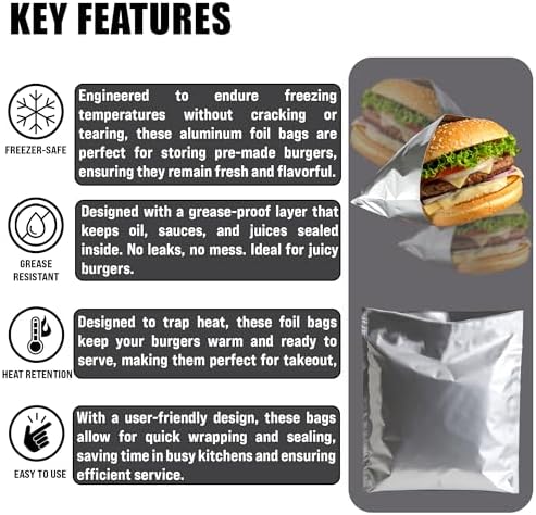Aluminum Foil Hamburger Bags, Grease-Resistant, 100 Pack | Burger Wrappers for Hot Sandwiches, Paninis, BBQ, Food Trucks, Restaurants, Delis, and Takeout - Image 3