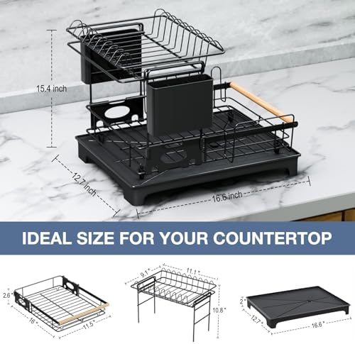 2-Tier Dish Rack Large Capacity Dish Drying Rack for Kitchen Counter Anti-Rust Dish Strainer with Drainboard, Cup Holder, Utensil & Cutting Board Organizer, Heavy Duty Metal, Black - Image 4