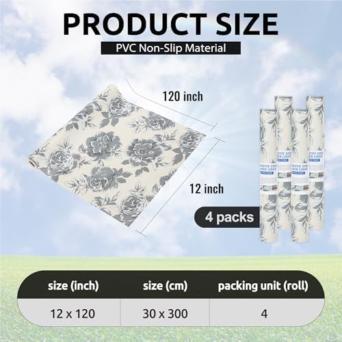 12X120 Inch Shelf Liner for Kitchen Cabinets, PVC Drawer Liner for Dresser Non-Slip Bathroom, Non-Adhesive Cabinet Liner Washable (Black Flower)(4 Roll) - Image 3