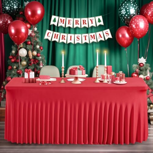 Wish Care 2 Pack Red Spandex Table Clothes for 4 Foot Rectangle Tables, 4FT Wrinkle Free Fitted Tablecloths Ruffles Design Stretch Table Cover for Party, Banquet, Wedding and Events - Image 5