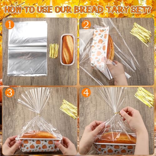 Hushee 50 Sets Fall Paper Loaf Pan 6.3 x 2.2 x 2.2 Inch Disposable Cake Pan Liners with Clear Plastic Bags and Ties Rectangle Paper Baking Mold for Thanksgiving Autumn Bread Cake Bakery(Novel) - Image 4