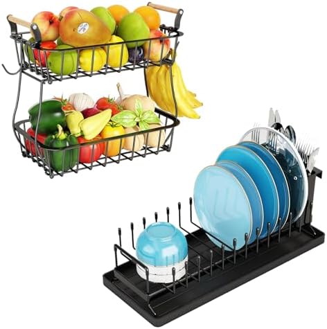 ANTOPY 2 Tier Fruit Basket with 2 Banana Hangers & Dish Drying Rack Small Dish Rack, Dish Racks for Kitchen Counter by ANTOPY