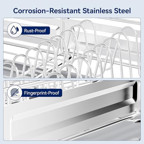 Stainless Steel Dish Drying Rack - Expandable Dish Racks for Kitchen Counter Organizer with Drain Board, Detachable Utensil & Cup Holder, Dish Drainer for Small Kitchen Counter, Grey - Image 2