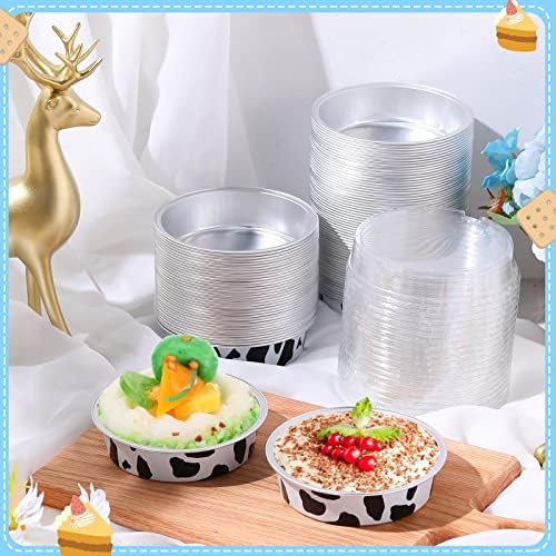 Yinder 120 Pcs 8 oz Disposable Creme Brulee Ramekins with Lids, 4 Inch Mini Pie Tins Aluminum Foil Pie Tart Cake Baking Pans Individual Round Containers Oven Safe for Xmas, Party(Cow Print) - Image 3