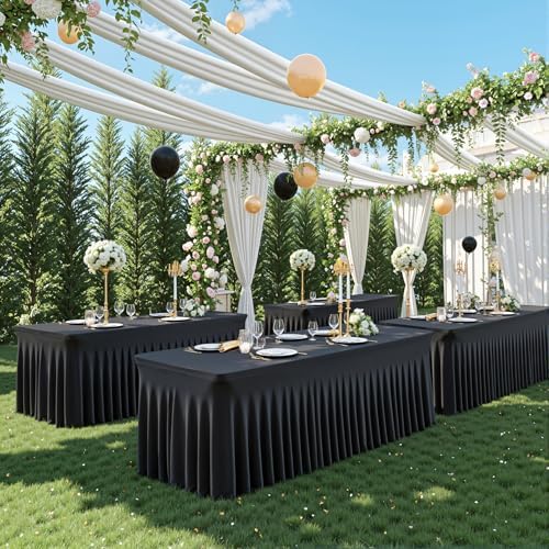 4 Pack 8ft Black Spandex Tablecloths for Rectangle Tables Wrinkle Free Black Rectangle Table Cloths, Stretch Fitted Table Cover with Skirt for Wedding Birthday Party Banquet Baby Shower Buffet Event - Image 2
