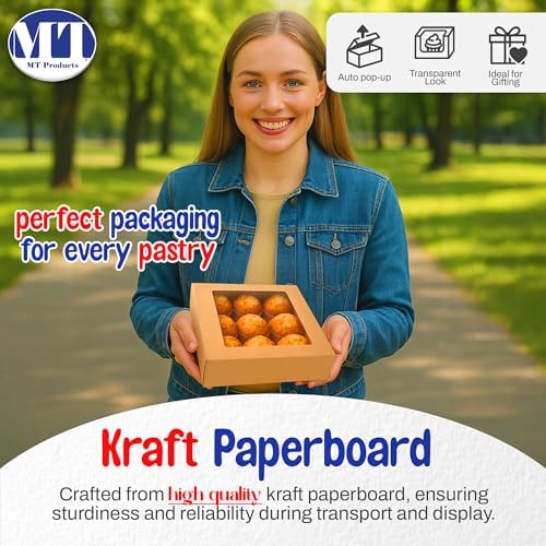 MT Products Kraft Pie Boxes 10" x 10" x 2.5" - Auto Pop-Up Bakery Cake Boxes with Window (Pack of 15) - Made in the USA - Image 3