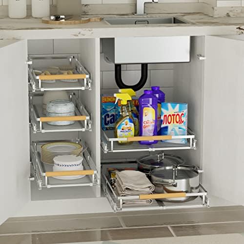 SANNO Pull Out Cabinet Organizer, Cabinet Slide Out Shelf, Pots Pans Organizers Shelves with Sliding for Cupboard Pantry Under Sink Closet, Expandable Width 17.1to 27" W x 22.5" D - Image 2