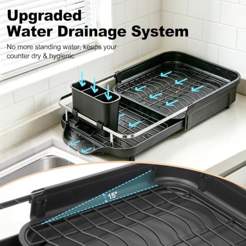 Expandable Stainless Steel 2-Tier Large Capacity Dish Drying Rack, Auto Drain Kitchen Counter Drainer with Rotatable Multi-Slot, Drainboard, Utensil, Cup Cutting Board Holder, 15"-22.4" Adjustable - Image 5