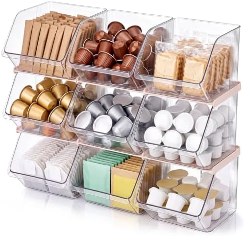 9 Pcs Clear Plastic Storage Bins Stackable Pantry Storage Organizer Kitchen Cabinet Organizers Ideal Containers for Tea Sugar Bag Coffee Pod Office Fridge Caddy by Ferrochef