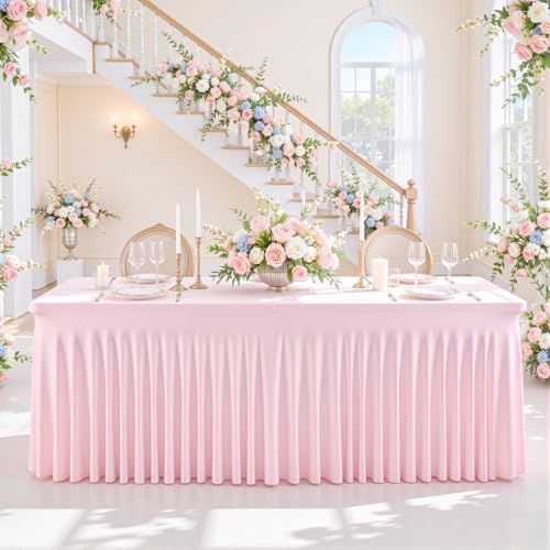 gogoparti 4 Pack Spandex Pink Fitted Table Cloth for 8ft Rectangle Tables Pink Stretch Tablecloth Table Covers Skirt Banquet Tablecloths Wrinkle Free Tablecloth for Parties Wedding - Image 4