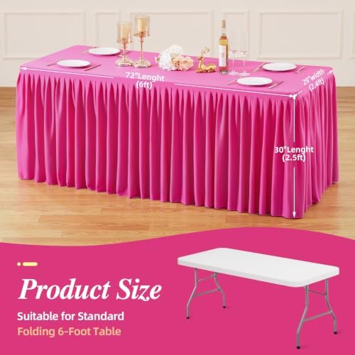 PARTISKY 6 Pack Hot Pink Tablecloths for Rectangle Tables 6ft, Wrinkle Resistant Spandex Table Cover Fitted Stretch Table Cloth with Pleated Ruffle Skirts for Party Banquet Dining Birthday Wedding - Image 3