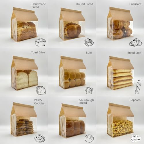 BIUBIU 25ct 8.7×4.3×11inch Thicker Large Bread Bags for Homemade with Window & Twist Tie - Ideal for Sourdough Bread, Loaf, Bakery, Pastry & Baked Goods, Brown Paper with Flat Bottom & Stand Up - Image 2