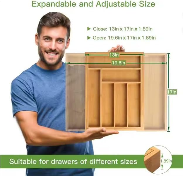 Kitchen Drawer Organizer Expandable Bamboo, Utensil Organizer for Kitchen Drawer, Adjustable Silverware Organizer Tray 13–19.6”, Wooden Cutlery Drawer Organizer, Deep Compartments (4) - Image 3