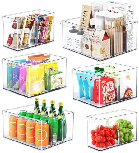 Clear Plastic Storage Bins with Dividers for Fridge Pantry Organizers and Storage Containers, 6 Pack Large Acrylic Stackable Sturdy Storage Boxes for Home Edit and Cabinet Organizers C6-4 by HOMETUK