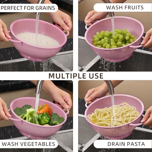 Stainless Steel Colander 3 Piece,Metal Strainer Basket with Solid Base and Handles for Kitchen Food,Pasta, Noodles, Vegetables and Fruits,Powder Coated,BPA Free,Dishwasher Safe,2 & 3 & 4.5 Qt (Pink) - Image 6