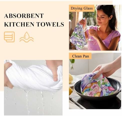 Spring Gnomes Kitchen Towels Set of 4 Watercolor Purple Blue White Floral Leaf Pink Plaid Wood Grain Decorative Dish Towels Ultra Soft Microfiber Absorbent Dishcloths for Kitchen Drying,18x28 In - Image 4