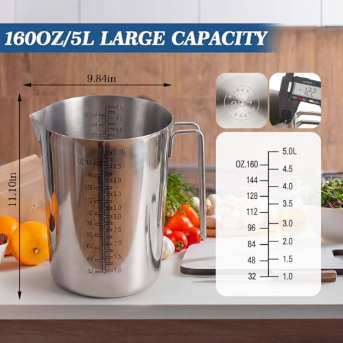5L Stainless Steel Measuring Pitcher, 169oz Food Grade 304 Metal Measuring Cup with Handle and Dual-sided Scale, Large Capacity Stovetop-safe Container for Baking, Brewing, Cooking, Restaurants - Image 3