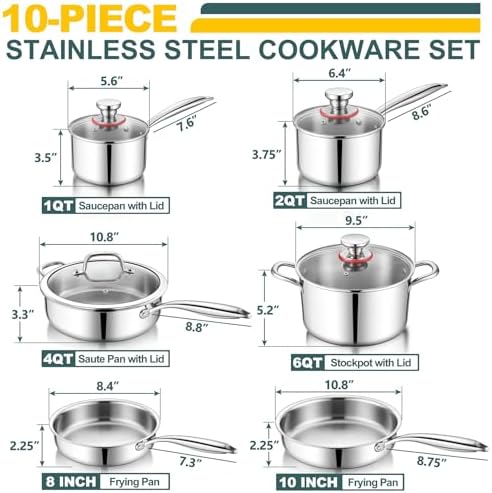 P&P CHEF Stainless Steel Cookware Set of 6, 10-Pieces Pots and Pans Sets - Image 2