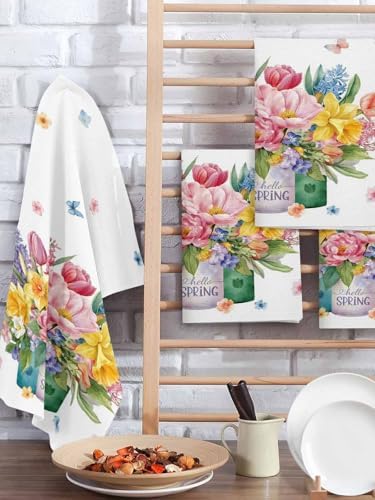 Spring Flowers Waffle Kitchen Hand Towels Set of 3, Watercolor Floral Leaves Butterflies Plant Absorbent Hair Dish Bath Tea Golf Microfiber Towel, Yoga Gym Workout Towel Dish Washcloth 15.7"x23.6" - Image 2
