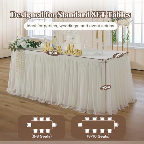CO-AVE 6pack Ivory Tulle Tablecloth for 8ft Rectangular Tables, 2-in-1 Elastic Stretch Spandex Cover with Tutu Ruffle Skirt, Wrinkle Free for Wedding, Birthday, Banquet, Buffet, Bridal Shower - Image 6
