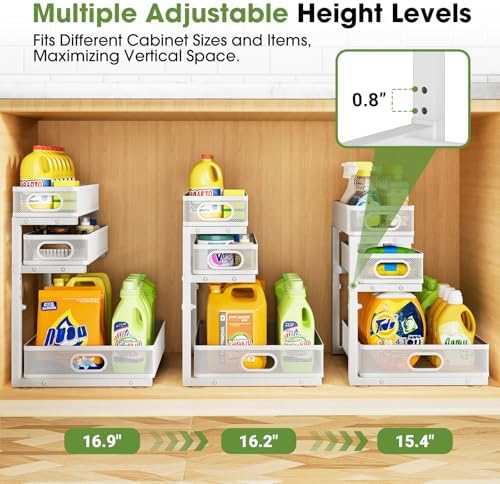Under Sink Organizer 3 Tier, 2 Pack L-Shaped Pull-Out Cabinet Organizer with Sliding Metal Mesh Drawers, Height Adjustable Under Sink Storage Rack for Kitchen Bathroom Cabinet, White - Image 3