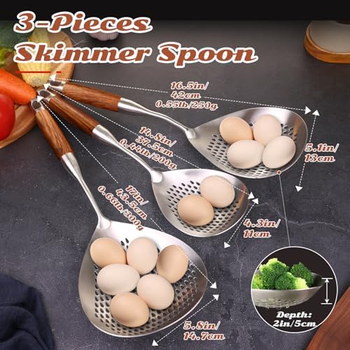 MARTE Skimmer Slotted Spoon Set of 3-304 Stainless Steel Spider Strainer Tools Ladle Spoon with Handle for Cooking and Frying - Kitchen Large Pasta Strainer Frying Colander - 14.8In,16.5In,17In - Image 2