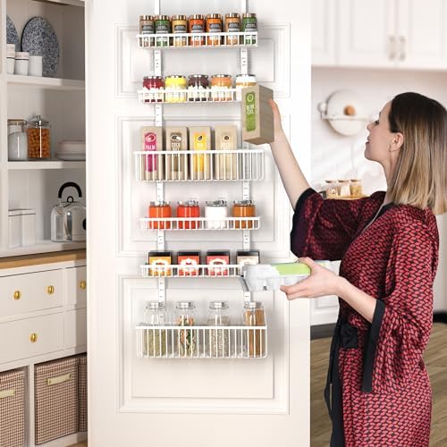 Moforoco Adjustable Over the Door Organizer, Metal Hanging Door Organizer with 5 Wire Basket 7 Hooks, Wall Mounted Shelf for Pantry Laundry Organization and Storage, White - Image 6