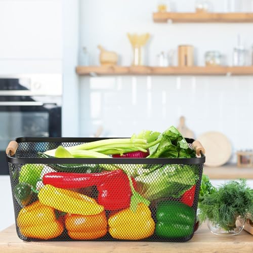 Ziliny 4 Pcs Mesh Wire Baskets for Organizing, Extra Large, Black | Metal Pantry Organizers with Wooden Handles, Storage Steel Bin, Kitchen Baskets for Fruit Potato Onion Snacks Bath Cabinet - Image 5