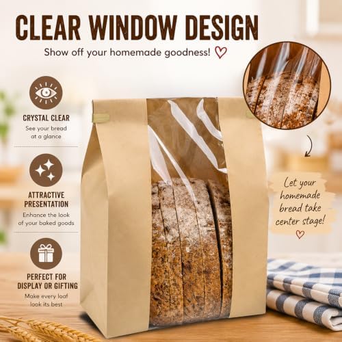 150 Pack Large Paper Sourdough Bread Bags with Tin Tie Tabs & 500 Stickers | 14" X 8.3" X 3.5" Kraft Bags with Clear Window Bread Bags for Homemade Bread, Bakery Display, Cookies, Popcorn and Gifts - Image 3