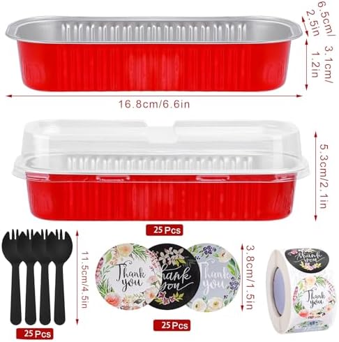 25Pack 6.8Oz Mini Cake Pans Disposable Mini Loaf Pans with Lids and Spoons and Stickers, Aluminum Pans for Baking Bread, Individual Dessert Cups for Sales,Party,Picnics,Celebration (Red) - Image 3