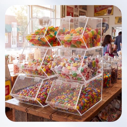 2 Sets/6 Pcs Stackable Candy Bins with Hinged Lid Small Medium Large Clear Acrylic Storage Bins Stackable Pantry Storage Caddy for Cereal Nuts Candies Snack Ice Cream Toppings, Wrapped Snacks - Image 7