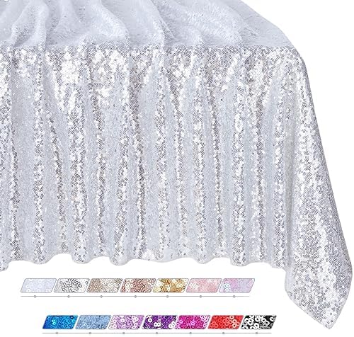 90x156 Inch Rectangle Sequin Tablecloth Glitter Silver Wedding Table Linens by QueenDream