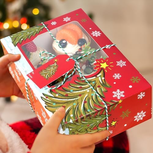 24 Pcs Christmas Cookie Boxes 8.7"x 6"x 2.7" Christmas Bakery Treat Box With Window Tag and Ribbons Goodie Candy Cookie Containers Kraft Paper Cookie Tins for Winter Holiday Xmas Party Gift Giving - Image 4