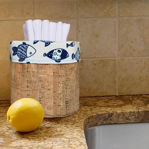 Reusable Paper Towel Set/Towels & Reversible Cork Fabric Basket/American Made/Machine Washable/Absorbent and Durable Edges and No Pilling (Fish & Cork Basket, 6 Cloths) - Image 2