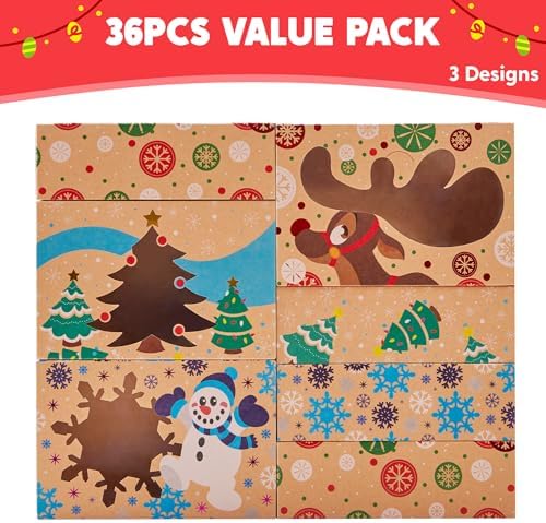 JOYIN 36PCS Christmas Cookie Boxes for Gift Giving, 8.5" x 5.75" x 2.75" Xmas Holiday Treat Cookie Tin with Window, 3 Designs Brown Foiled Kraft Bakery Boxes for Pastries, Cupcakes, Brownies, Doughnut - Image 2