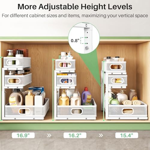 Kitstorack Under Sink Organizer, 2-Pack 3-Tier Height Adjustable Thickened Metal Pull out Cabinet Organizer Shelf, Slide out Storage Drawer Rack for Bathroom Kitchen Pantry Home Laundry Organization - Image 6