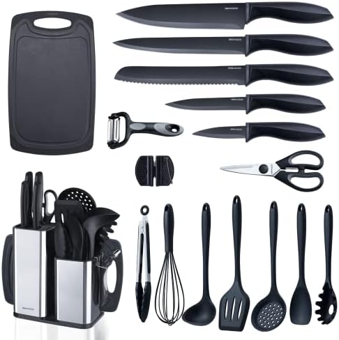 RAXCO Kitchen Utensils Set,18-Piece Cooking Utensils and Knife Set,Black | Food-grade Silicone Heat-safe to 410°F, Detachable Stainless Steel Holder, 5 Kitchen Knives and Cutting Board All-in-one by RAXCO