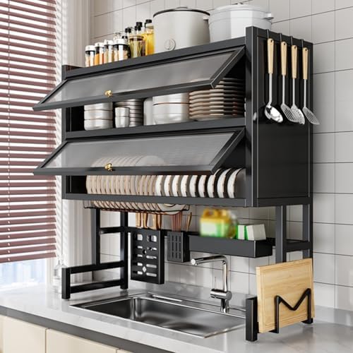 Large 2-Tier Metal Over Sink Dish Drying Rack with Flip-top Door Dish Organizer Rack with Removable Cutlery Basket and Drip Tray for Plates Bowl Sink(Black,85CM/33.5IN) by Hltdzer