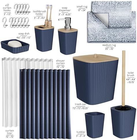 Clara Clark Bathroom Accessories Set - Bathroom Set, Bathroom Sets with Shower Curtain and Rugs, Shower Curtain Set with Bathroom Trash Can - Ombre Navy - 22PC - Image 3