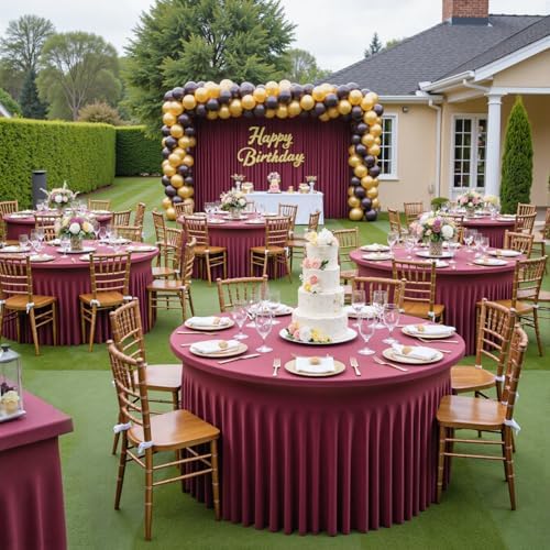 Outpain 6 Pack Spandex Burgundy Round Tablecloths for 60in Tables, 120Inch Stretchy Fitted 5FT Round Table Clothes,Wrinkle Free Table Cover with Skirt for Wedding Party Dining Banquet - Image 5