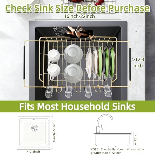 Dish Drying Rack-Large Stainless Steel Dish Drainer Over The Sink for Kitchen Countertop with Utensil Holder and Silicone Drying Mat(Gold, in Sink, 24.2'*13.2') - Image 3