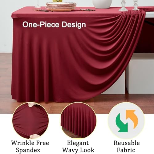 2 Pack Burgundy Spandex Table Clothes for 6 Foot Rectangle Tables, Wrinkle Free Fitted Table Cover 6ft Maroon Stretch Tablecloths with Skirt for Parties Weddings Birthday Banquet Baby Shower - Image 3