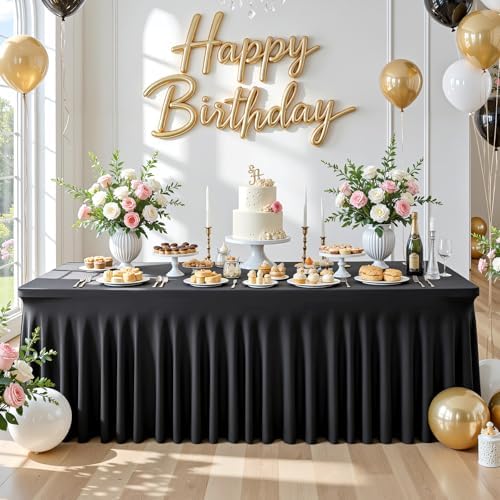 Besutolife Black Spandex Tablecloth with Skirt for 6ft Rectangle Tables 1 Pack - Wrinkle-Resistant, Stretchable, Machine Washable - Perfect for Weddings Banquets Birthday Parties Events - Image 2