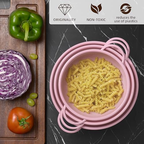 Stainless Steel Colander 3 Piece,Metal Strainer Basket with Solid Base and Handles for Kitchen Food,Pasta, Noodles, Vegetables and Fruits,Powder Coated,BPA Free,Dishwasher Safe,2 & 3 & 4.5 Qt (Pink) - Image 4